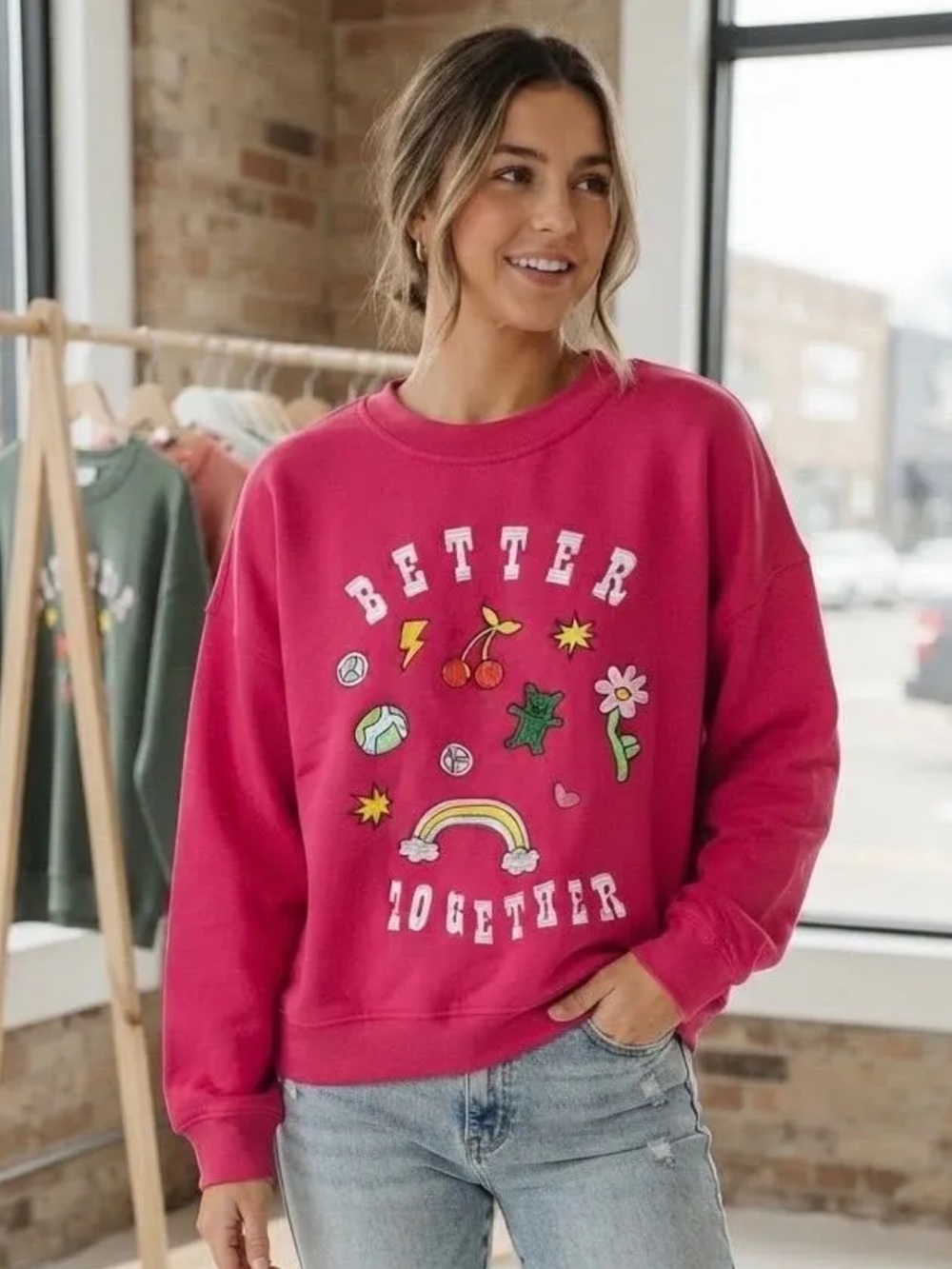 New tags Le Lis Hot Pink Graphic embroidered Crewneck Sweatshirt medium